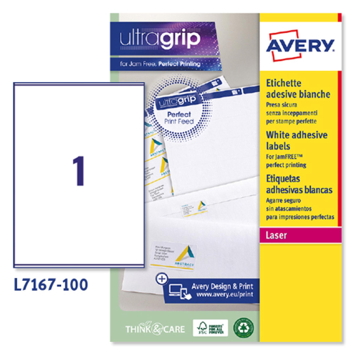 Etichette adesive L7167 - in carta - angoli arrotondati - laser - permanenti - 199,6 x 289,1 mm - 1 et/fg - 100 fogli - bianco - Avery